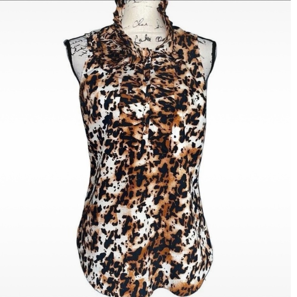 New York Company Sleeveless‎ Ruffle Collar Leopard Print Blouse Women's Medium